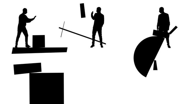 Black man silhouettes moving geometrical figures on white background. Suprematism art style with three abstract men in action, monochrome.