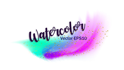 The color splashing in the paper. Watercolor brush strokes with gold glitter isolated on white. Creative illustration. Artistic color palette. Fashion background.