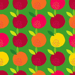 Seamless vector background with decorative colorful apples with leaves. Polygons. Summer garden. Can be used for wallpaper, textile, invitation card, wrapping, web page background.