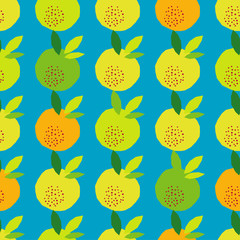 Seamless vector background with decorative colorful apples with leaves. Polygons. Summer garden. Can be used for wallpaper, textile, invitation card, wrapping, web page background.