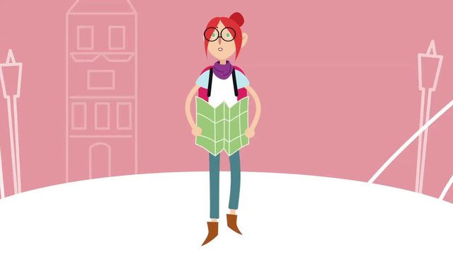 Cartoon animation with a red haired girl with a map in her hands walking on moving house silhouettes background, adventure and exploring world concept. Abstract girl with glasses travelling.