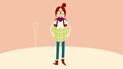 Cartoon animation with a red haired girl with a map in her hands walking on moving house silhouettes background, adventure and exploring world concept. Abstract girl with glasses travelling.