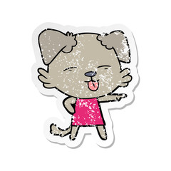 distressed sticker of a cartoon dog sticking out tongue