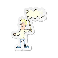 retro distressed sticker of a cartoon man waving white flag