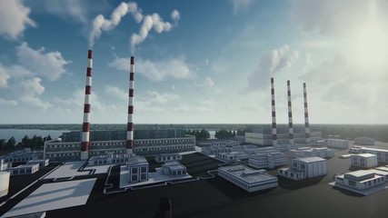 The smoking chimneys of the plant and abstract modern factory in a sunny day, ecological problems and air pollution concept. Plant pipes with smoke against cloudy, blue sky.