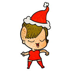 happy textured cartoon of a girl wearing santa hat