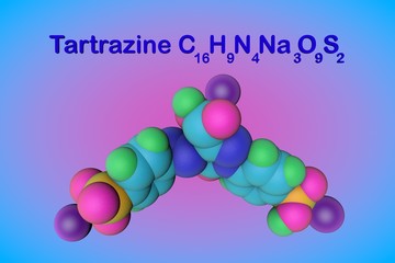 Molecular structure of tartrazine molecule, E102. Tartrazine is a bright yellow pigment, a harmful colorant that is used in many foods. Food and drink concept. 3d illustration