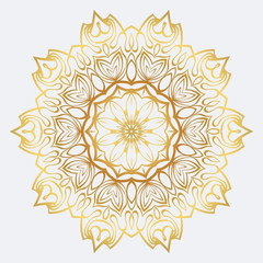 Vector Round Abstract Mandala Style Decorative Element. Hand-Drawn Vector Illustration. Can Be Used For Textile, Greeting Card, Coloring Book, Phone Case Print. Gold color
