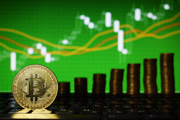 Financial growth concept with golden Bitcoins ladder on forex chart background. Virtual money.