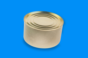 Single can of canned food in center on blue background