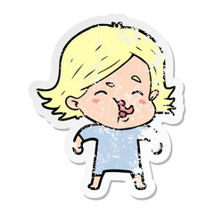 distressed sticker of a cartoon girl pulling face