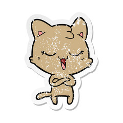 distressed sticker of a happy cartoon cat