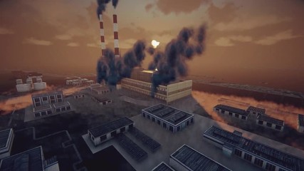 The smoking chimneys of the plant and abstract factory in thick smog, ecological problems and air pollution concept. Plant pipes with smoke against dark, orange sky.