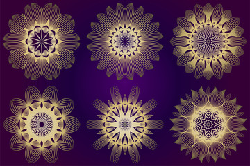 Set of Ethnic Ornamental Mandala. Decorative Design Element. Vector Illustration. Purple gold color