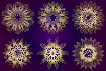 Set of Ethnic Ornamental Mandala. Decorative Design Element. Vector Illustration. Purple gold color