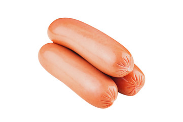 Heap of three yummy whole sausages isolated on white background without shadow