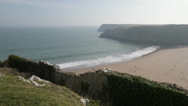Aerial view of the stunning beach at Barafundle Bay on the Pembrokeshire coast of South Wales UK Europe