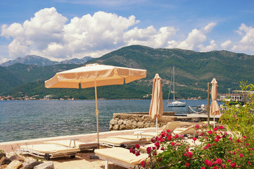 Summer beach vacation.  Beautiful Mediterranean landscape. Montenegro, Adriatic Sea, Bay of Kotor near Tivat city