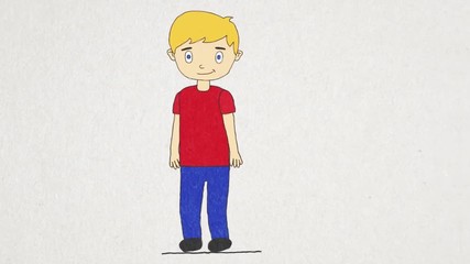 Cartoon animation of a happy boy waving his hand, drawn by color pencils on a sheet of paper. Pictured abstract boy smiling and waving his hand.