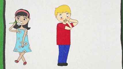 Cartoon animation with a boy giving a flower to a girl on white background, friendship concept. Girl kissing a boy on his cheek after getting a flower.