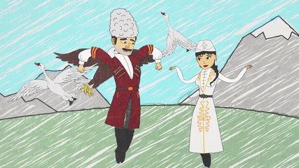 Cartoon animation with armenian men and women in national clothes dancing lezghinka in front of mountains. People moving in armenian dance and then turning into eagles and swans and fly away.