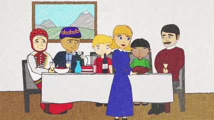 Cartoon animation with people of different nationalities and religions having a dinner together, tolerance concept. Abstract men, women and children of different races eat and drink together.