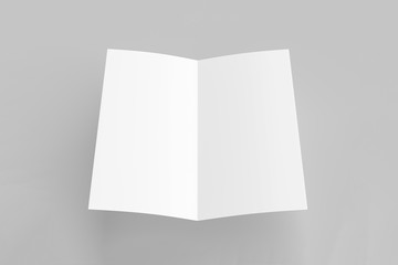 Blank Paper Brochure Mock up on soft gray background with soft shadows and highlights.Open fold Leaflet. 3D rendering
