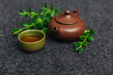 Foto op Aluminium Chinese tea ceremony Asian top view copy space morning energy. © Andrii