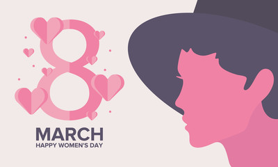 Fototapeta na wymiar Happy Women’s Day. International holiday of female solidarity, which is celebrated on March 8. Silhouette of a girl adorned with hearts in bright colors. Poster, banner and background