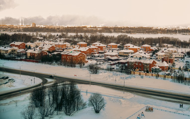 top view of the city, winter landscape