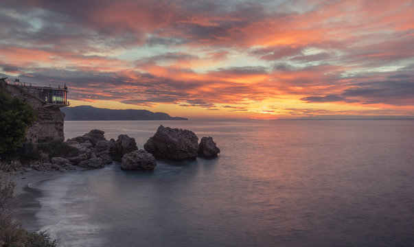 Nerja, Malaga, Andalusi, Spain - January 19, 2019: Idyllic sunrise on the well-known Balcón de Europa in the town of Nerja, southern Spain