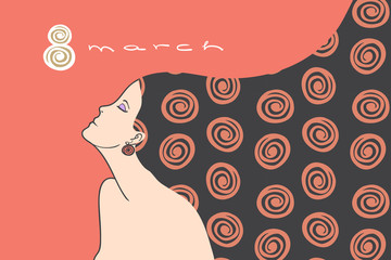 greeting card to March 8 with a beautiful woman with long hair