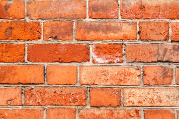 Old red brick uneven wall background. Close-Up of an Old Exterior Brick Wall, grunge background
