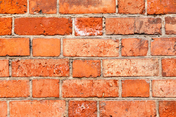 Old red brick uneven wall background. Close-Up of an Old Exterior Brick Wall, grunge background