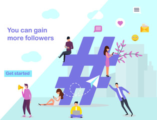 Group of people on social media with hashtag, people add more follower with hashtag, social media marketing, can use for, landing page, template, ui, web, background, poster, banner, flyer