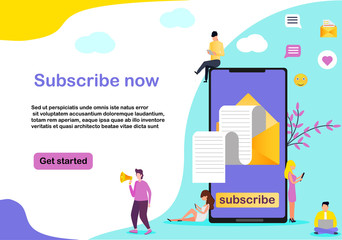 Colorful email subscribe vector concept, email marketing development system, people use smartphone, send and receive newsletter, it can be used for mobile app, landing page, templates, web,  banner.