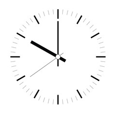 Clock face. Blank hour dial with hour, minute and second hand. Dashes mark minutes and hours. Simple flat vector illustration