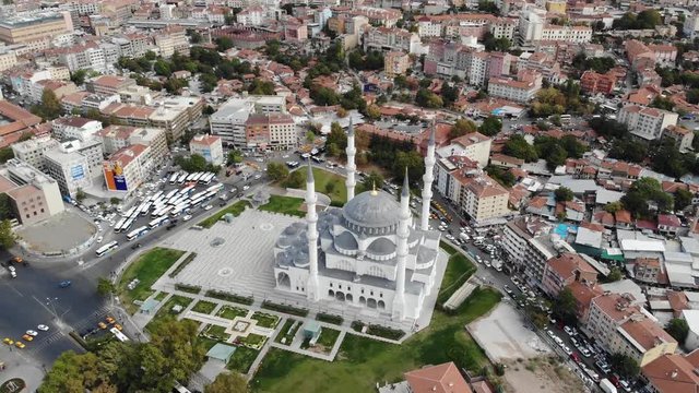 Drone shot of Kocatepe Mosque in Ankara Turkey. Aerial of large mosque in the center of Turkish capital city. Neo-classical ottoman architecture Islamic church. Circling around religious structure.
