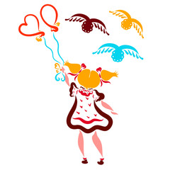 Cute girl with balloons and flying birds, a holiday and a dream