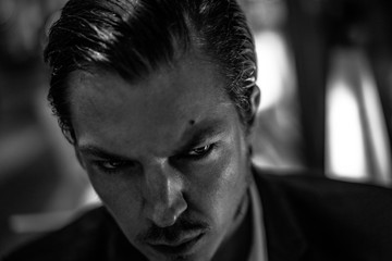 Night Portrait of a handsome but serious Caucasian male