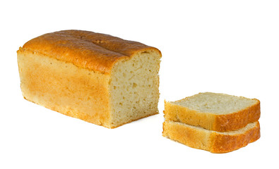 square loaf of bread with two pieces cut off on a white background