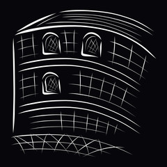large building with white lines on a black background