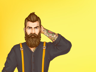Doubtful and skeptical hipster portrait cartoon vector. Young bearded man with tattoo on forearm, wearing shirt and suspenders, looking with suspicion, scratching his head illustration. Copy space