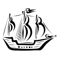 Ship with sails, black outline, travel and adventures