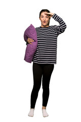 Fototapeta premium Full body Pretty woman in pajamas has just realized something and has intending the solution on isolated background