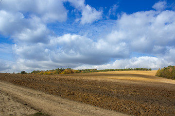 Obraz premium plows a field,black ground plowed, fields on the background of the sky with clouds