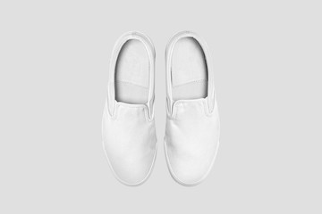 Blank white slip-on  Shoes Mock up set, isolated. Plain hipster slip-on Mock up template. Urban skate shoes with clear label presentation.High resolution photo.Top view.
