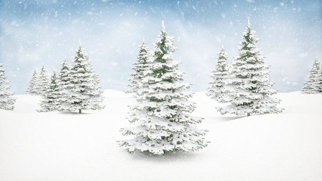 Christmas winter landscape background. Falling snow and snow covered pine trees © Jezper