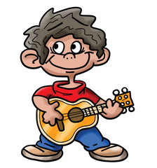 Cartoon Hispanic boy playing guitar vector illustration 
