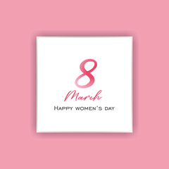 March 8 greeting card. White curved paper banner with International Women's Day logo on pink background. Vector illustration, eps 10